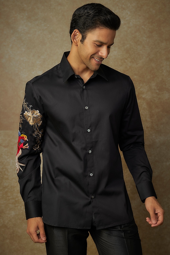 Black Poplin Embroidered Shirt by Rohit Bal Men