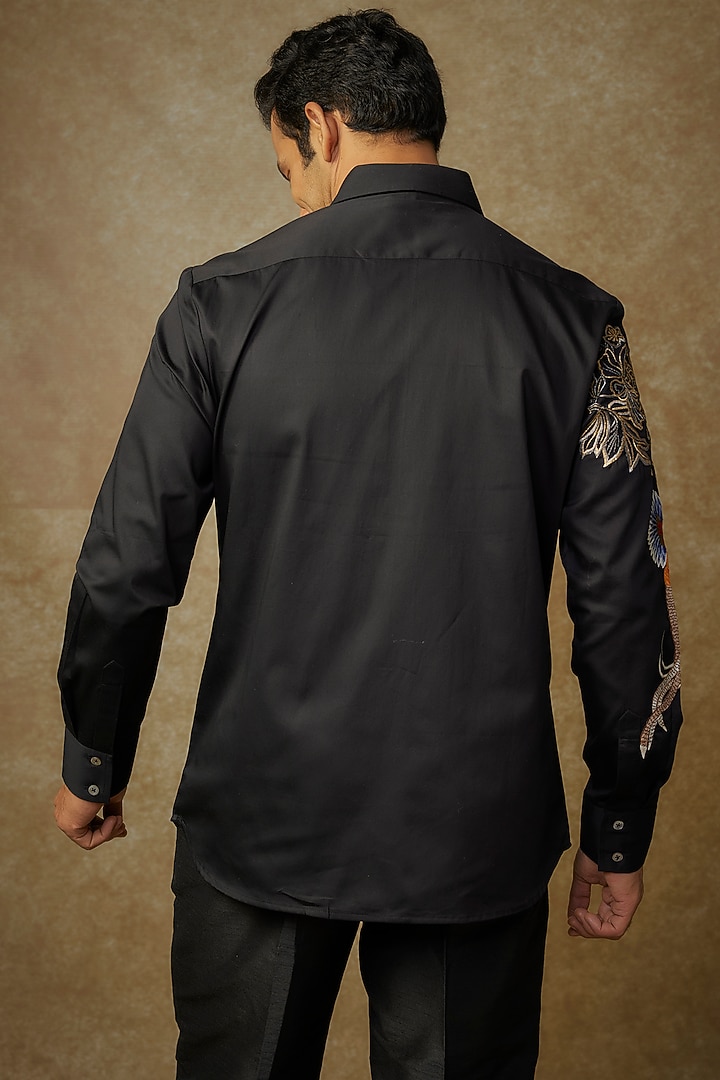 Black Poplin Embroidered Wedding Shirt by Rohit Bal Men at Pernia's Pop Up Shop