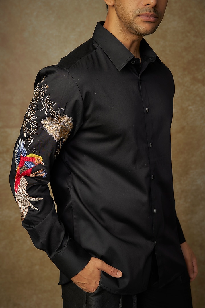 Black Poplin Embroidered Wedding Shirt by Rohit Bal Men at Pernia's Pop Up Shop