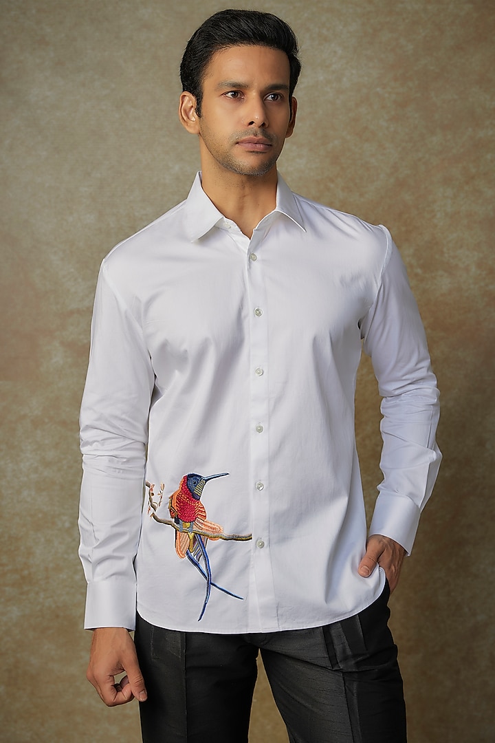 White Poplin Embroidered Shirt by Rohit Bal Men