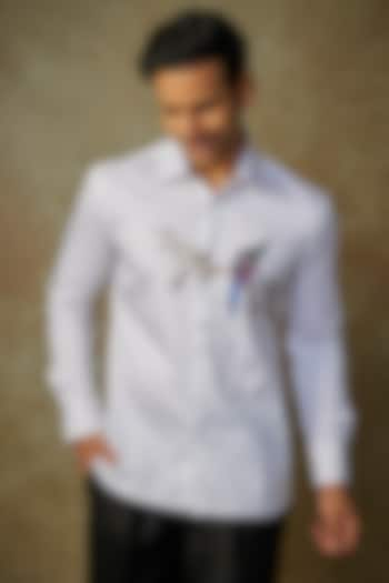 White Poplin Embroidered Shirt by Rohit Bal Men