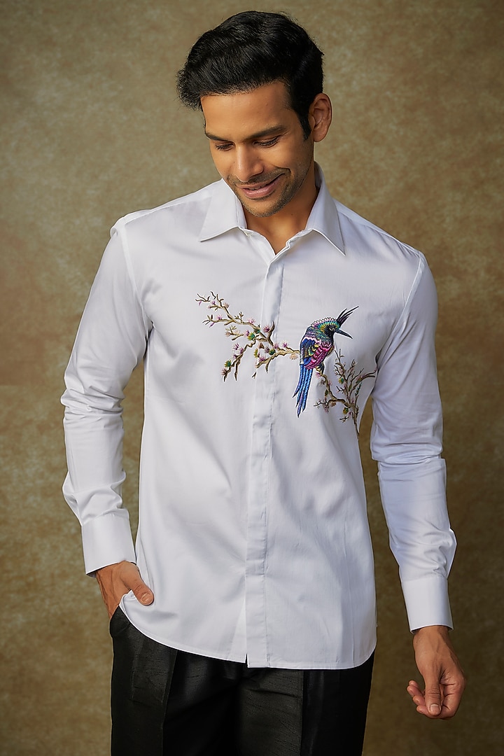 White Poplin Embroidered Shirt by Rohit Bal Men