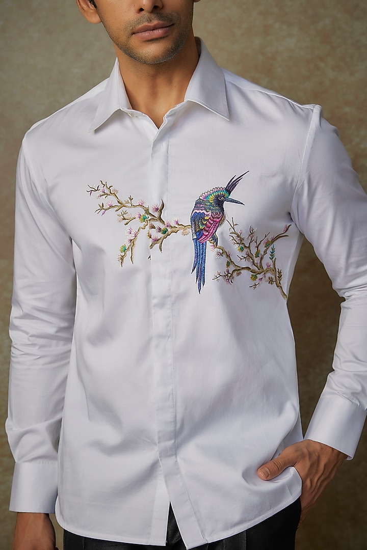 White Poplin Embroidered Wedding Shirt by Rohit Bal Men at Pernia's Pop Up Shop