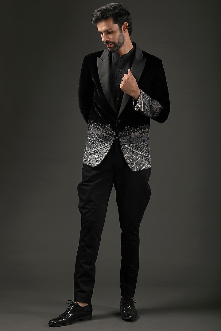 Black Embroidered Tuxedo Jacket by Rohit Bal Men