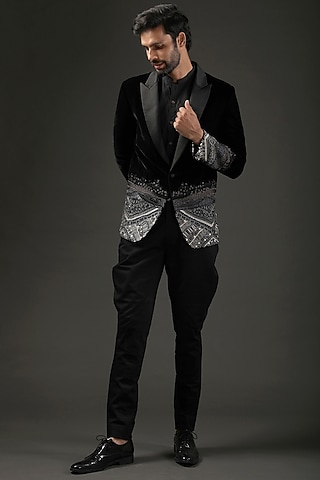 Black Silk Velvet Digital Printed & Resham Embroidered Tuxedo by Rohit Bal Men
