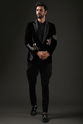 Black Silk Velvet Resham Embroidered Tuxedo by Rohit Bal Men