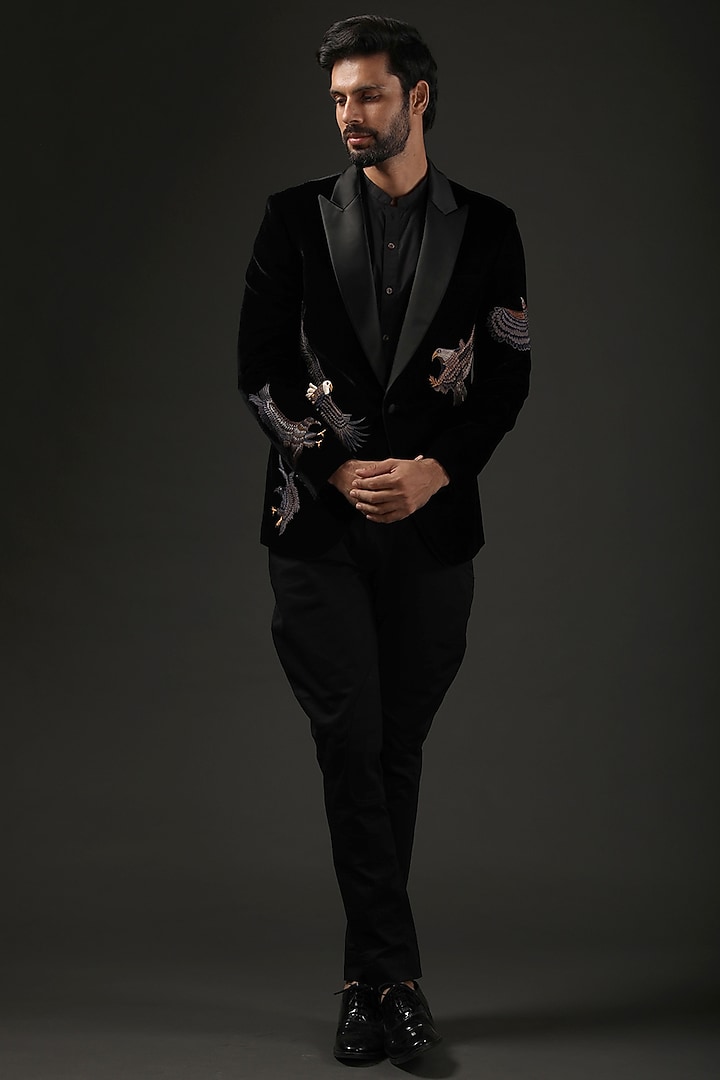 Black Silk Velvet Resham Embroidered Tuxedo by Rohit Bal Men at Pernia's Pop Up Shop