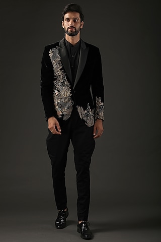 Black Silk Velvet Resham Embroidered Tuxedo by Rohit Bal Men