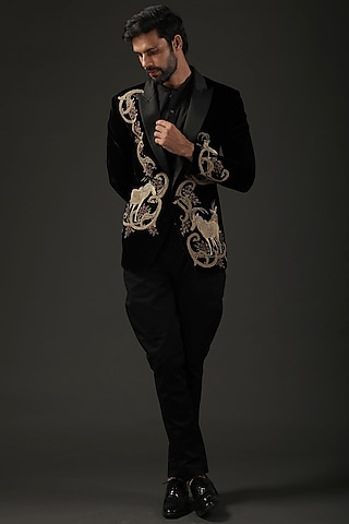 Black Silk Velvet Printed & Resham Embroidered Tuxedo by Rohit Bal Men