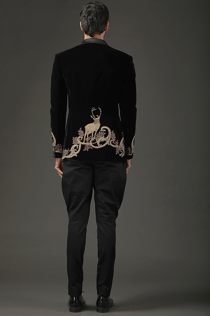 Black Silk Velvet Printed & Resham Embroidered Tuxedo by Rohit Bal Men at Pernia's Pop Up Shop