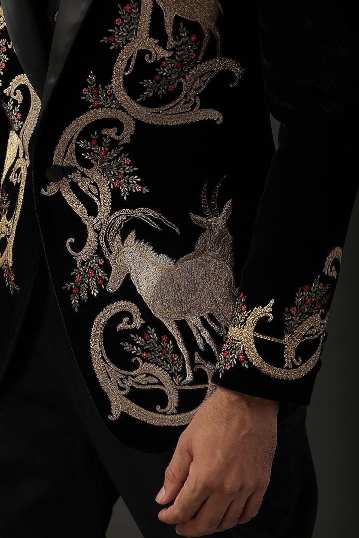Black Silk Velvet Printed & Resham Embroidered Tuxedo by Rohit Bal Men at Pernia's Pop Up Shop