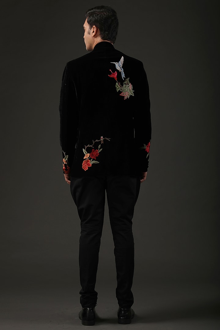 Black Silk Velvet Resham Embroidered Groom Bandhgala by Rohit Bal Men at Pernia's Pop Up Shop