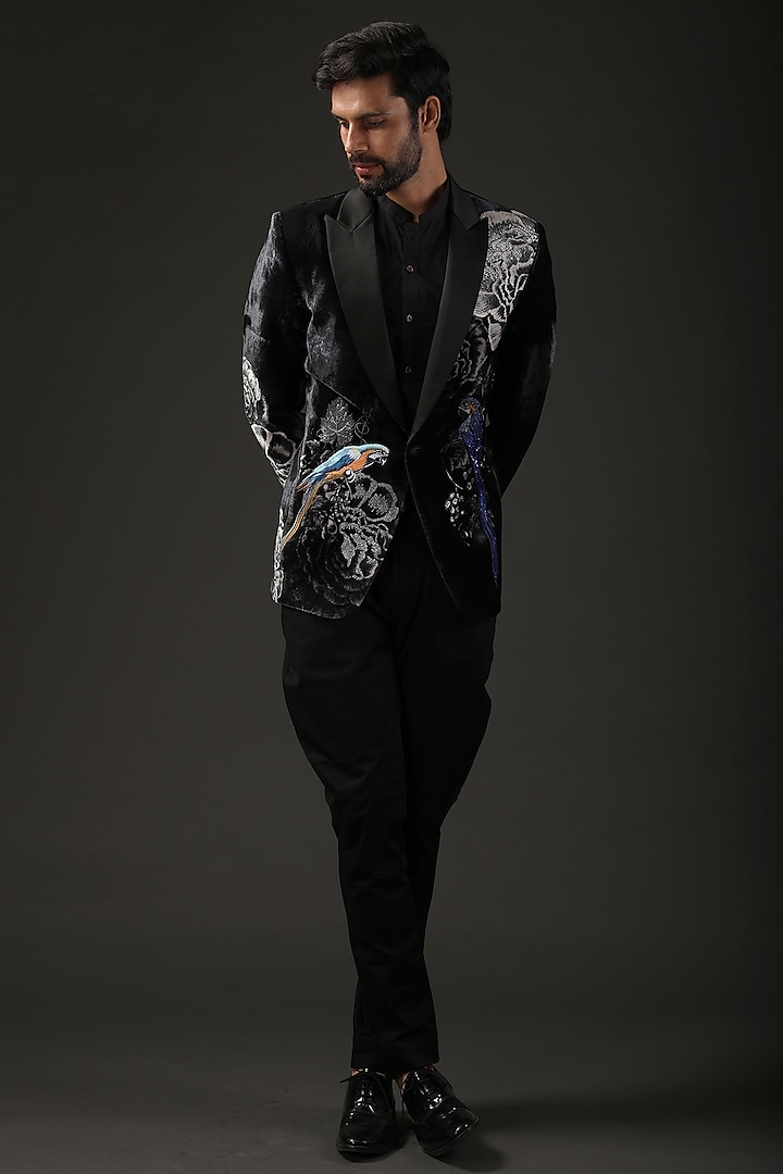Black Embroidered Tuxedo Jacket by Rohit Bal Men