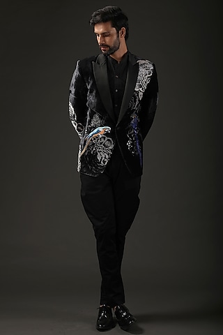 Black Silk Velvet Digital Printed & Resham Embroidered Tuxedo by Rohit Bal Men