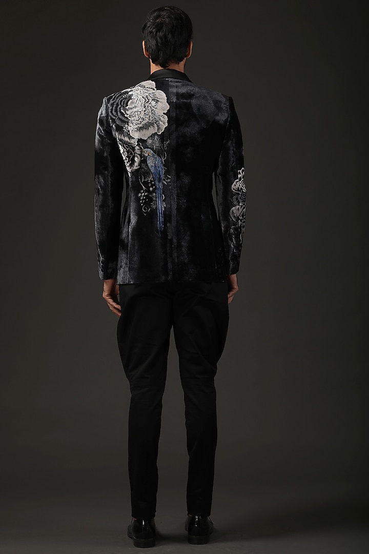 Black Silk Velvet Digital Printed & Resham Embroidered Tuxedo by Rohit Bal Men at Pernia's Pop Up Shop