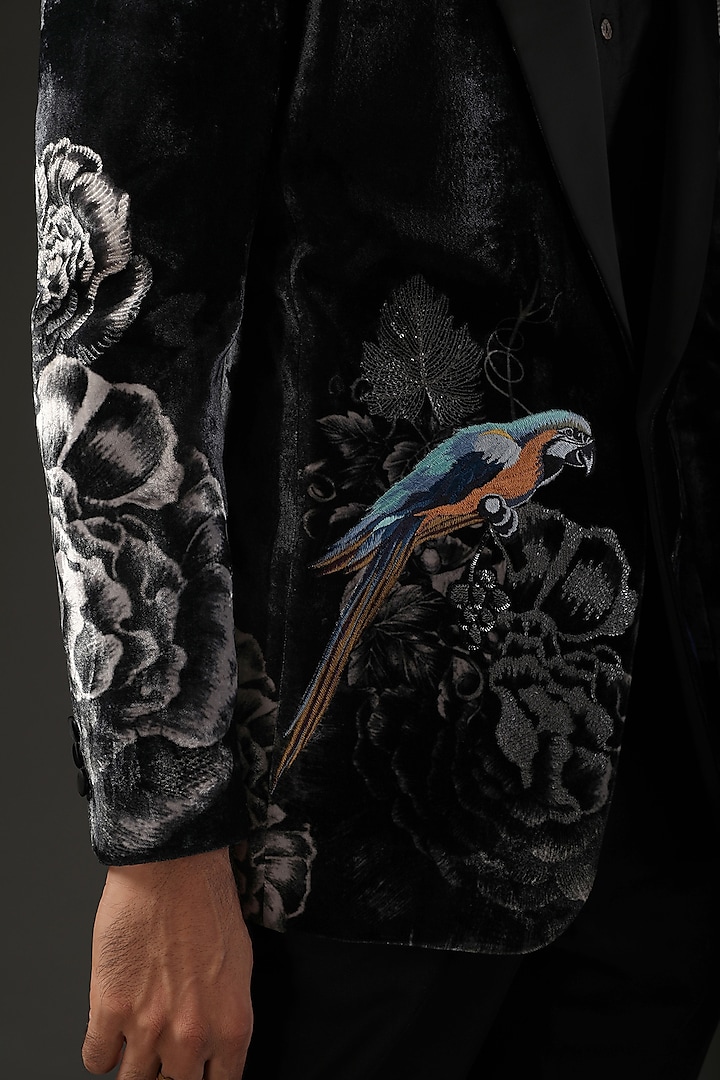 Black Silk Velvet Digital Printed & Resham Embroidered Tuxedo by Rohit Bal Men at Pernia's Pop Up Shop