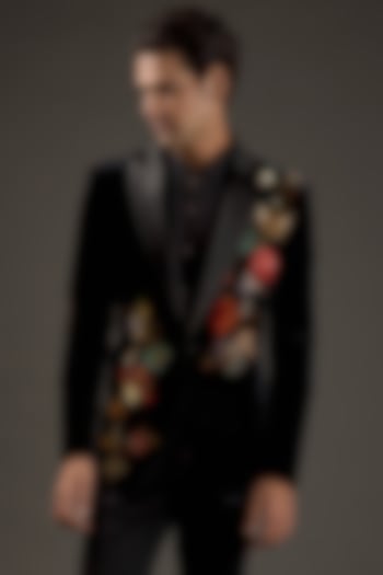 Black Silk Embroidered Tuxedo Jacket by Rohit Bal Men
