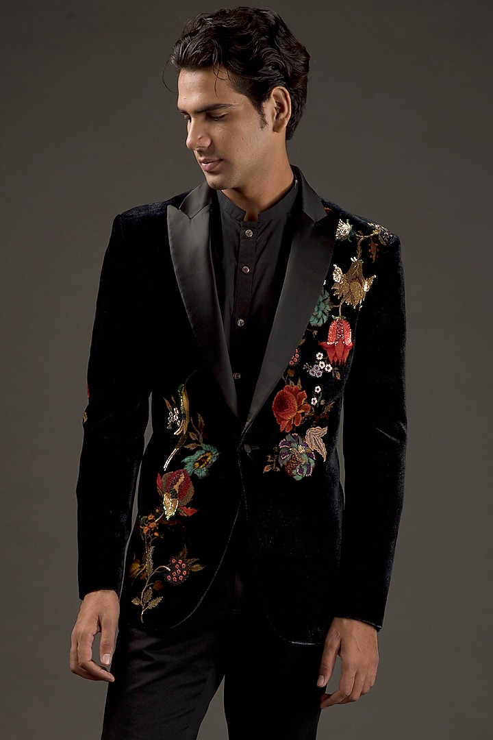 Black Silk Embroidered Tuxedo Jacket by Rohit Bal Men