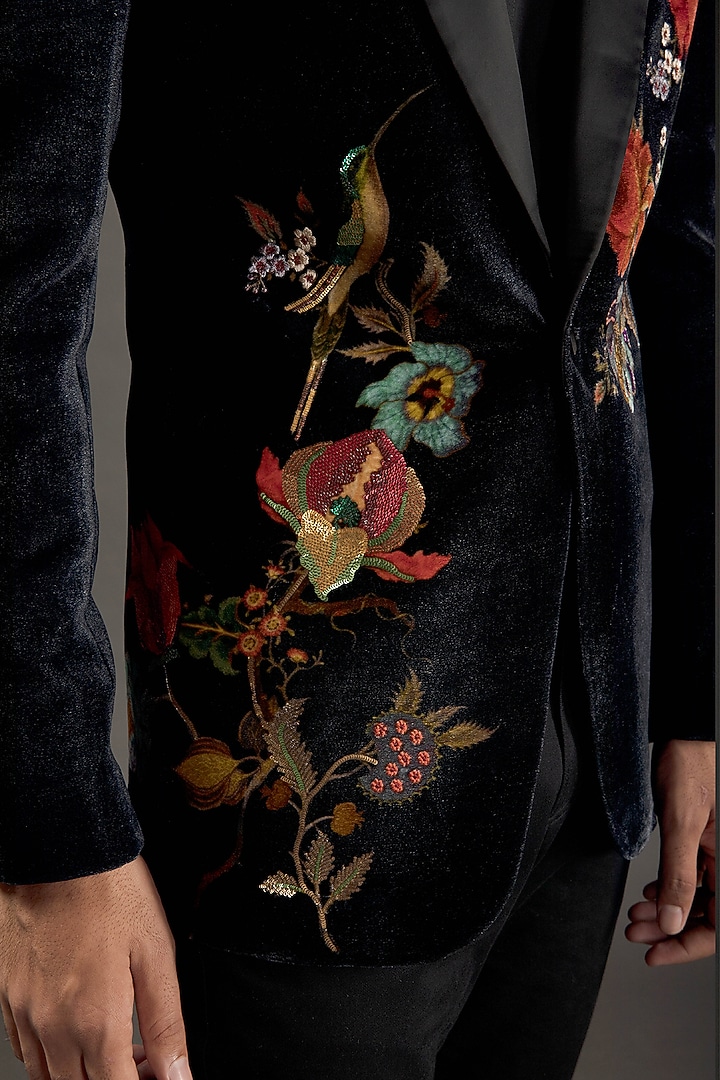 Black Silk Velvet Resham Embroidered Tuxedo by Rohit Bal Men at Pernia's Pop Up Shop