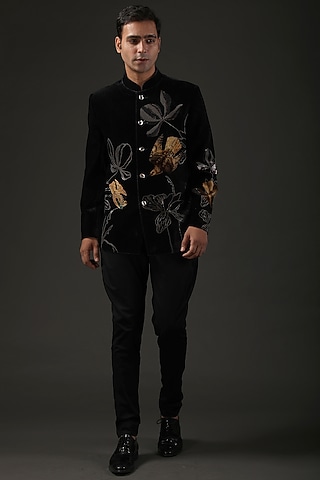 Black Silk Velvet Digital Printed & Resham Embroidered Bandhgala by Rohit Bal Men