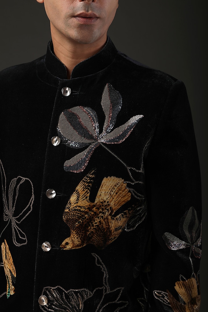 Black Silk Velvet Digital Printed & Resham Embroidered Groom Bandhgala by Rohit Bal Men at Pernia's Pop Up Shop