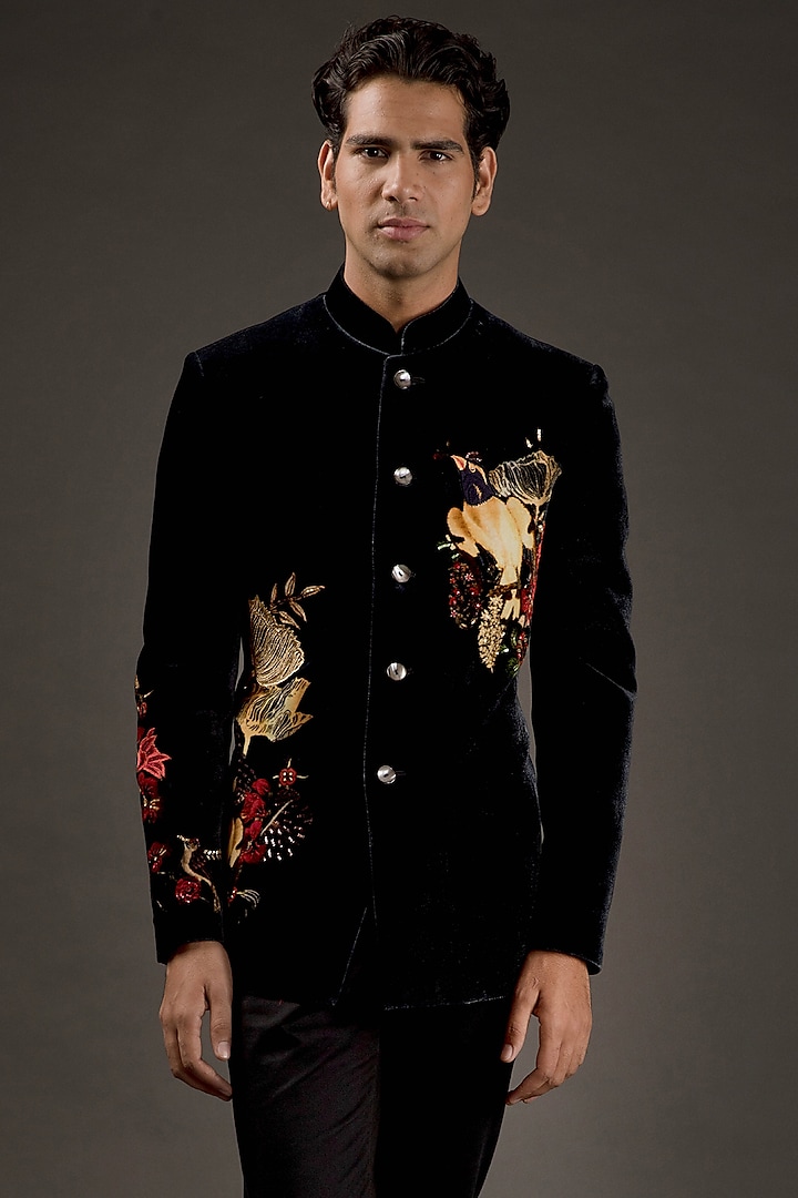 Black Embroidered Bandhgala Jacket by Rohit Bal Men