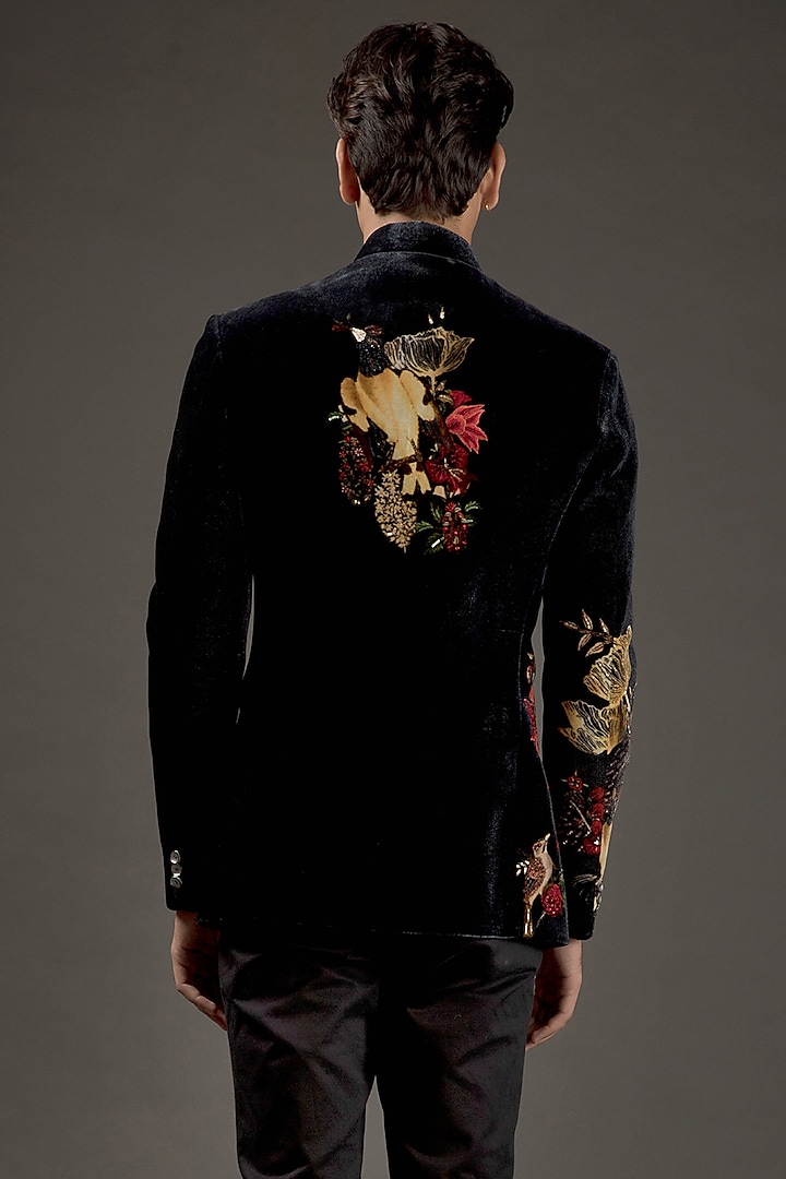 Black Silk Velvet Digital Printed & Sequins Embroidered Groom Bandhgala by Rohit Bal Men at Pernia's Pop Up Shop
