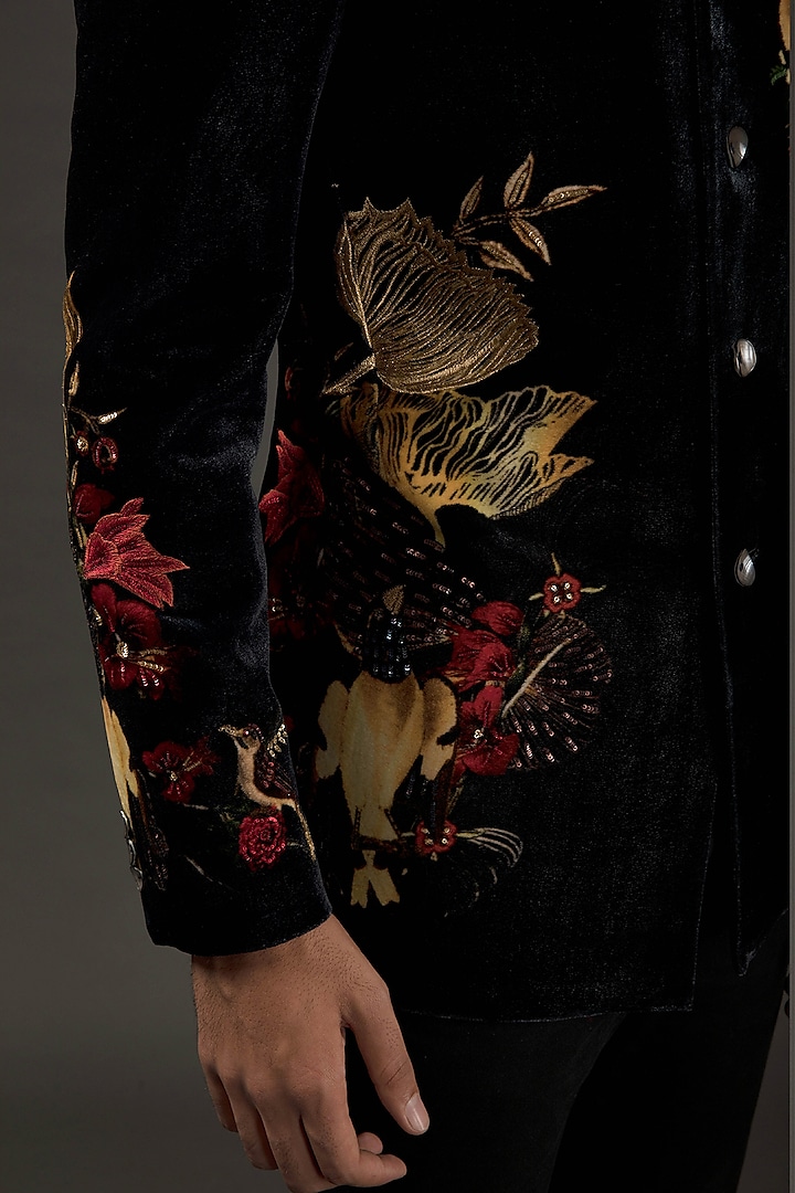 Black Silk Velvet Digital Printed & Sequins Embroidered Groom Bandhgala by Rohit Bal Men at Pernia's Pop Up Shop