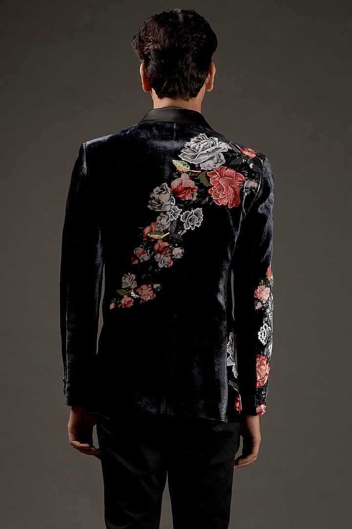 Black Silk Velvet Hand & Machine Embroidered Bandhgala by Rohit Bal Men at Pernia's Pop Up Shop