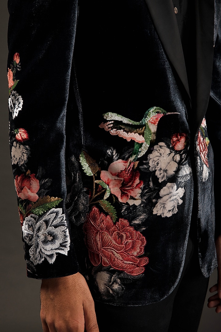 Black Silk Velvet Hand & Machine Embroidered Bandhgala by Rohit Bal Men at Pernia's Pop Up Shop