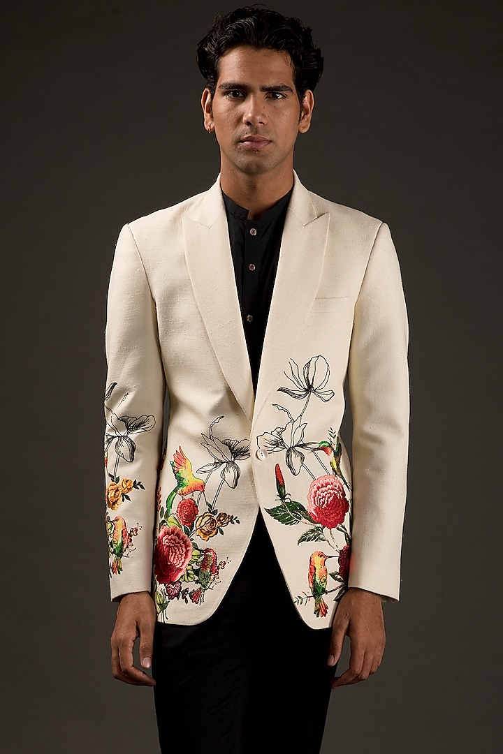 Ivory Linen Thread Embroidered Tuxedo  by Rohit Bal Men