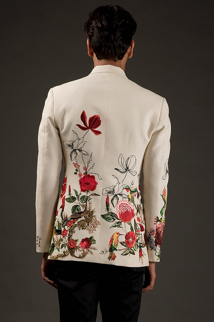 Ivory Linen Printed & Embroidered Bandhgala by Rohit Bal Men at Pernia's Pop Up Shop