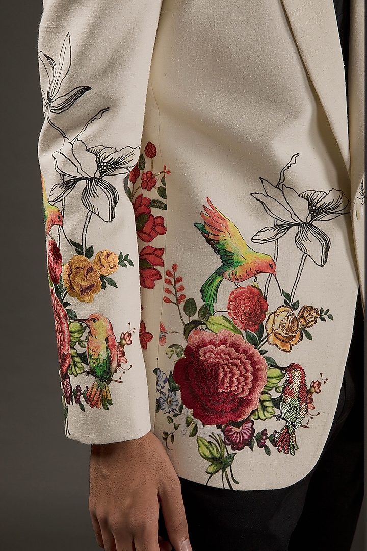 Ivory Linen Printed & Embroidered Bandhgala by Rohit Bal Men at Pernia's Pop Up Shop
