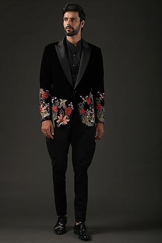 Black Silk Velvet Printed & Embroidered Tuxedo by Rohit Bal Men