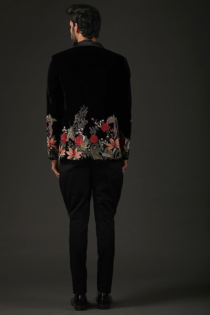 Black Silk Velvet Printed & Embroidered Tuxedo by Rohit Bal Men at Pernia's Pop Up Shop