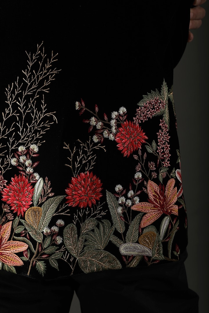 Black Silk Velvet Printed & Embroidered Tuxedo by Rohit Bal Men at Pernia's Pop Up Shop