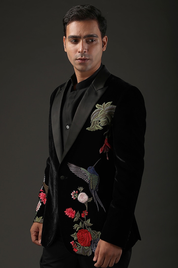 Black Silk Velvet Embroidered Tuxedo by Rohit Bal Men at Pernia's Pop Up Shop