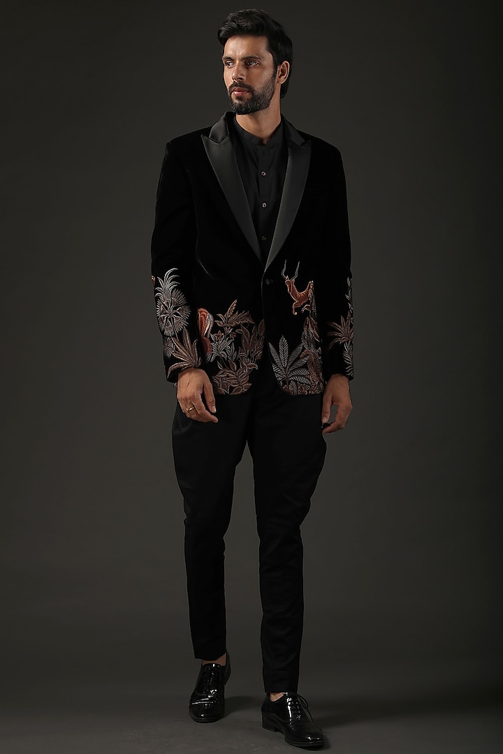 Black Embroidered Tuxedo Jacket by Rohit Bal Men