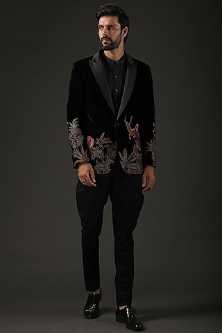 Black Silk Velvet Embroidered Tuxedo by Rohit Bal Men