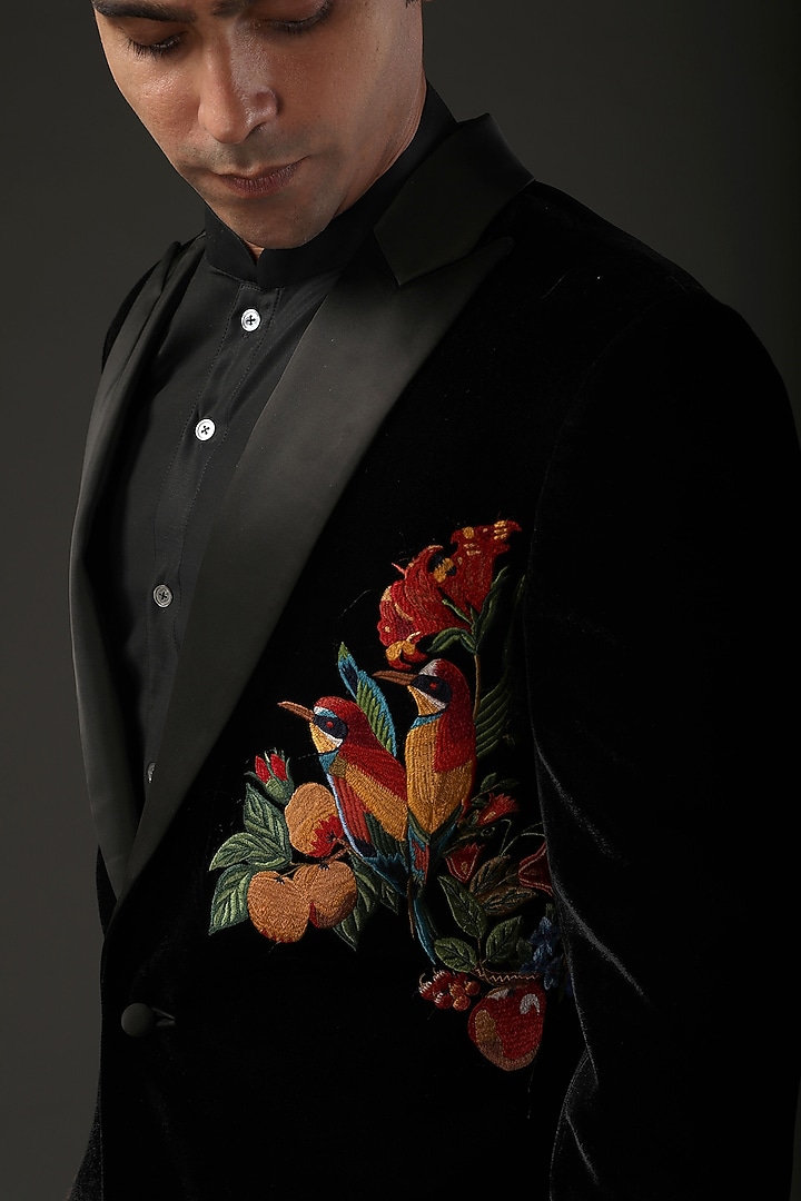 Black Silk Velvet Resham Embroidered Tuxedo by Rohit Bal Men at Pernia's Pop Up Shop