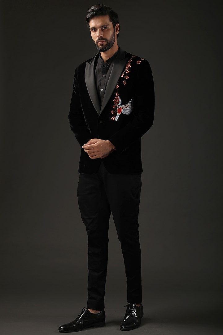 Black Embroidered Tuxedo Jacket by Rohit Bal Men