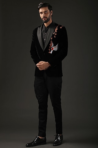 Black Silk Velvet Resham Embroidered Tuxedo by Rohit Bal Men