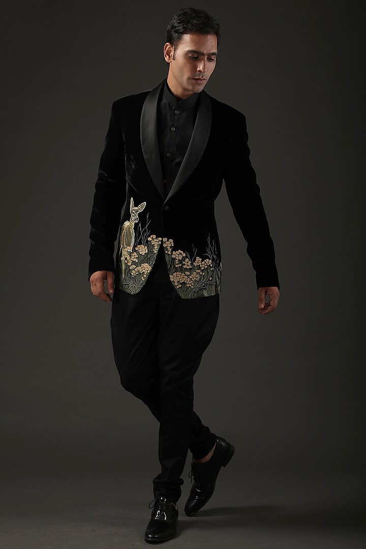 Black Silk Embroidered Tuxedo Jacket by Rohit Bal Men at Pernia's Pop Up Shop