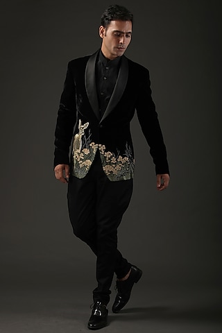 Black Silk Velvet Resham Embroidered Tuxedo by Rohit Bal Men