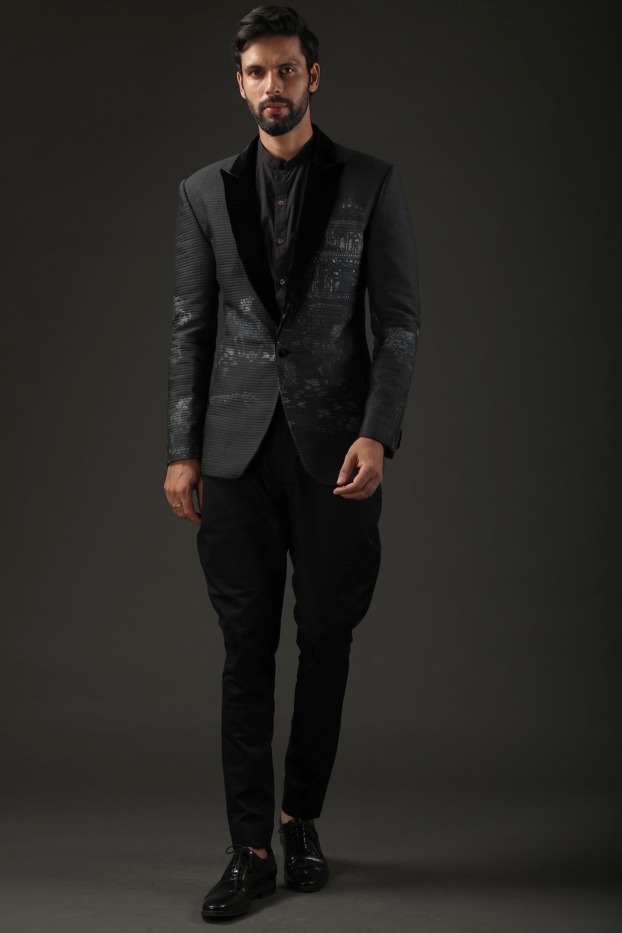 Black Printed Tuxedo Jacket by Rohit Bal Men at Pernia's Pop Up