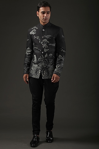 Black Chanderi Silk Shibori Printed Bandhgala by Rohit Bal Men