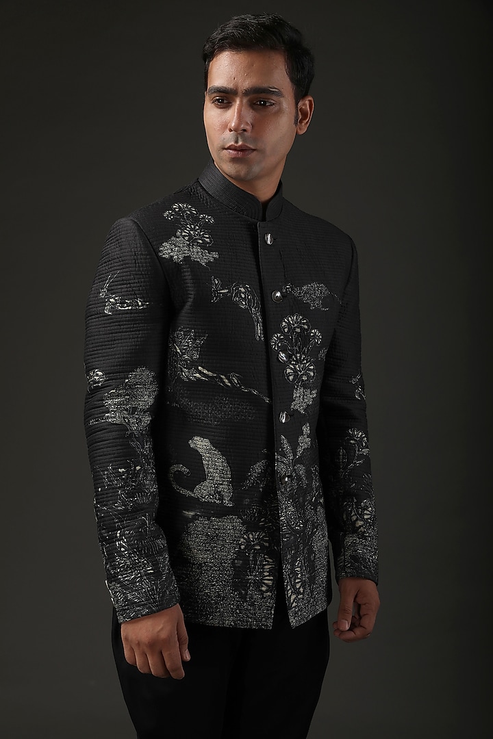 Black Chanderi Silk Shibori Printed Wedding Bandhgala by Rohit Bal Men at Pernia's Pop Up Shop