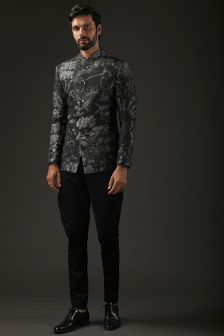 Black Chanderi Printed Bandhgala Jacket by Rohit Bal Men