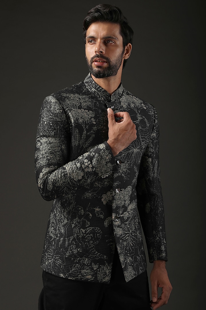 Black Chanderi Printed Bandhgala Jacket by Rohit Bal Men at