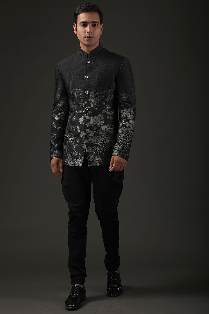 Black Silk Printed Bandhgala Jacket by Rohit Bal Men